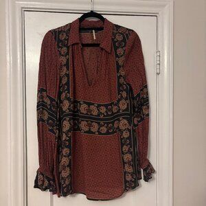 Free People Red and Black Floral Blouse